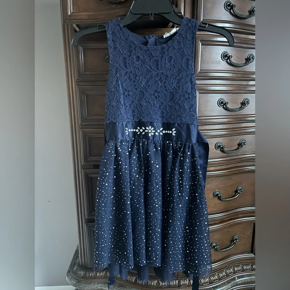 Btween Navy Blue Lace Sequin Holiday Dress Girls Size 8